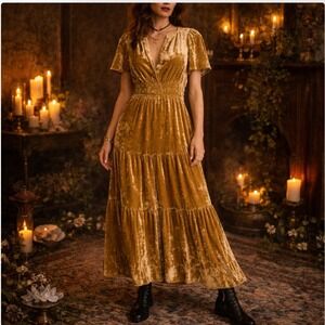 Anthropologie Velvet Maxi Dress Small Champagne Gold Whimsigoth Gothic Romantic
